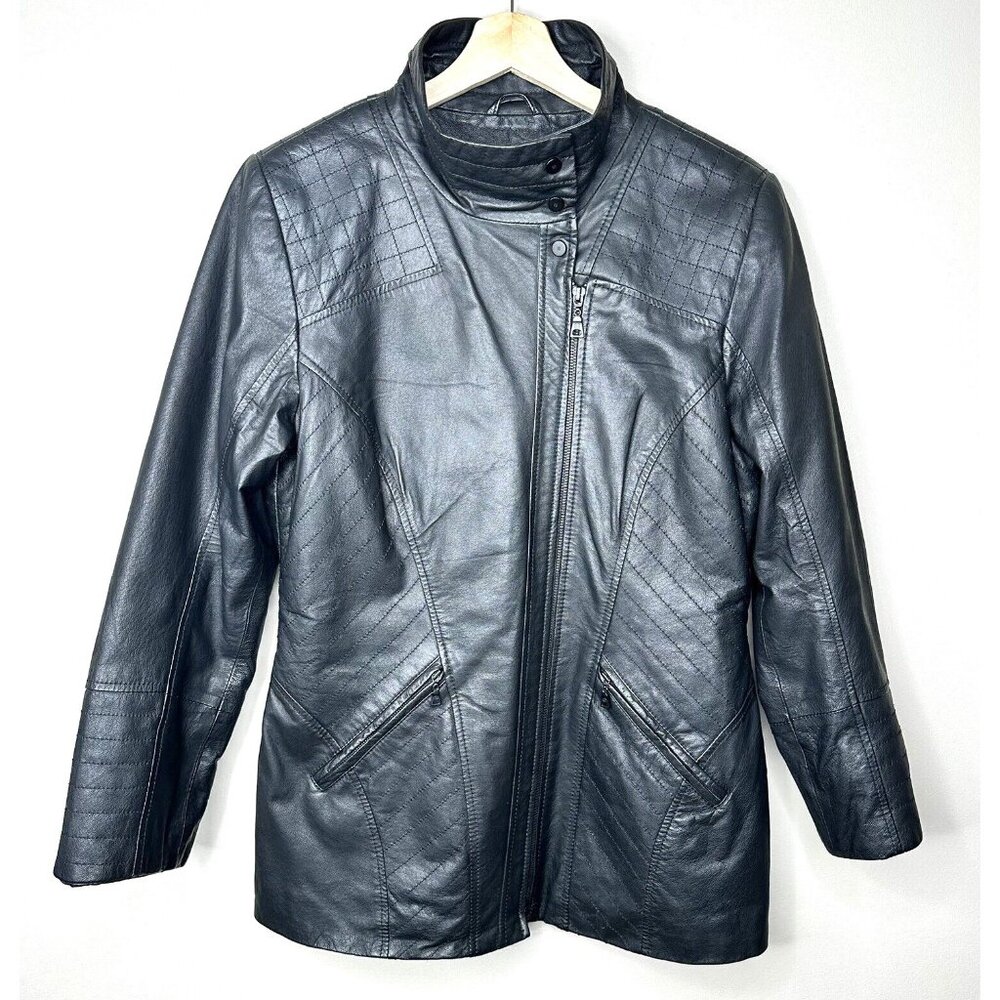 Vtg Danier Leather Coat Womens Y2K 90s Lined Zip Front Black Size Medium 14-16 - Picture 1 of 16